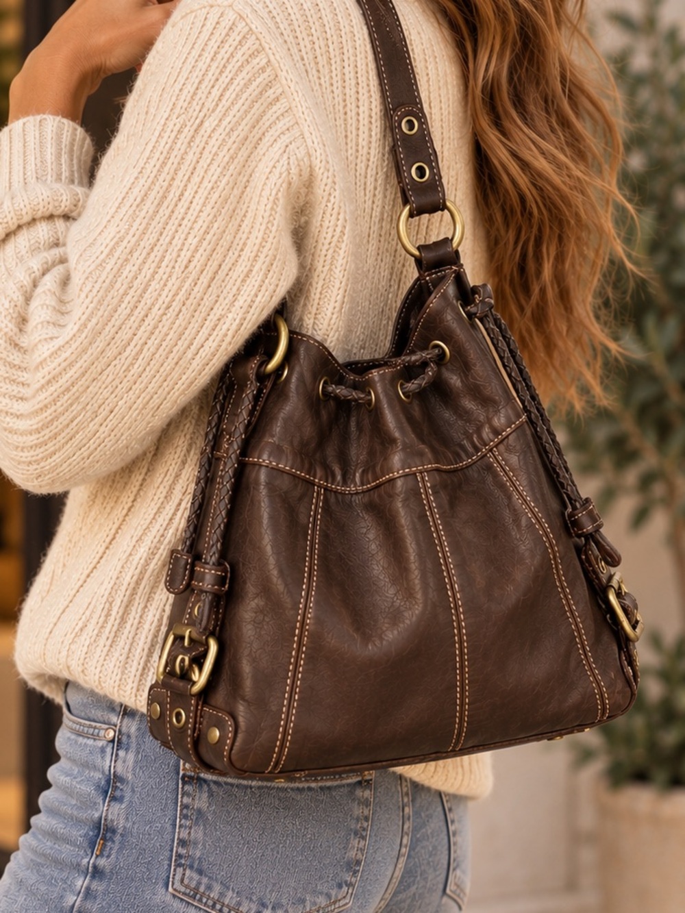 Bass Brown Slouchy Hobo Shoulder Bag Braided Drawstring Brass Hardware Boho